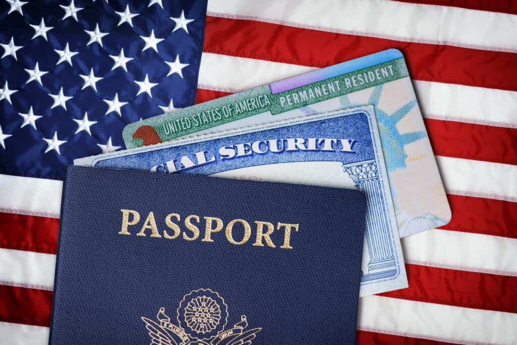 United States passport, social security card and resident card o